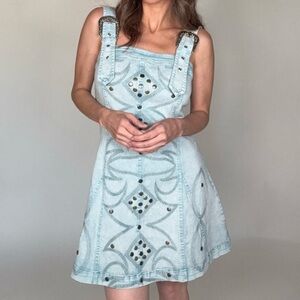 blueb Denim Mini Dress with Embroidered Pattern